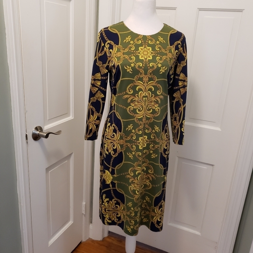 J.McLaughlin Catalina Cloth Baroque Print 3/4 Sheath Dress Medium, Classic